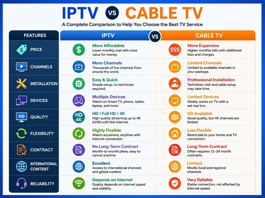IPTV vs Cable TV in the USA (2026 Comparison): Cost, Channels, 4K Quality & Which Is Better?